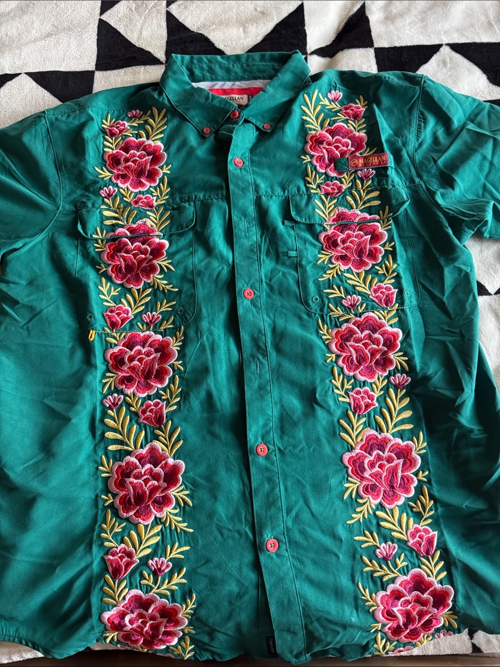 Magellan Outdoors Teal Green Button-Down Jacket with Pink Floral Embroidery